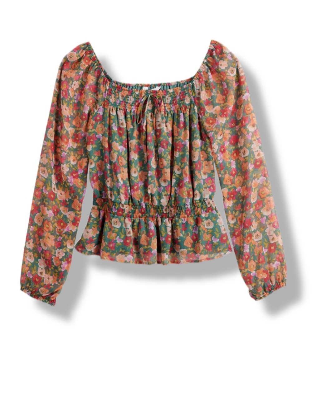 LC Lauren Conrad Smocked Squareneck Peplum Top Watery Fleurs Size S